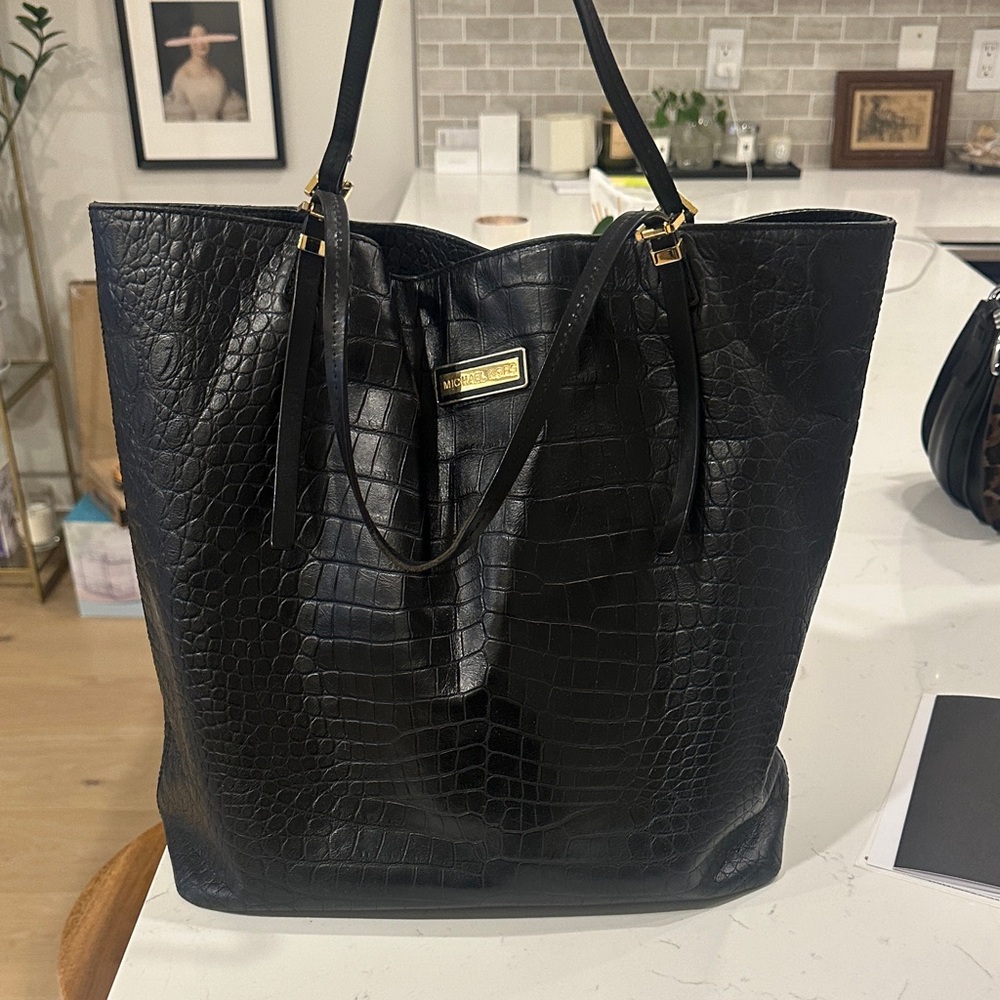 Michael Kors Collection Black Croc-Embossed Leather Tote with Gold Plate
